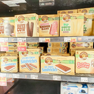 ice cream in freezer at grocery store
