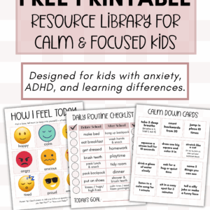 Daily routine checklist printable for kids to check off tasks, free printable resource library for calm and focused kids, blog post image for onetopknotmama.com