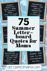 75 Summer Letter-board Quotes for Moms' with a turquoise border, surrounded by wooden-framed quote boards over a pool-background.