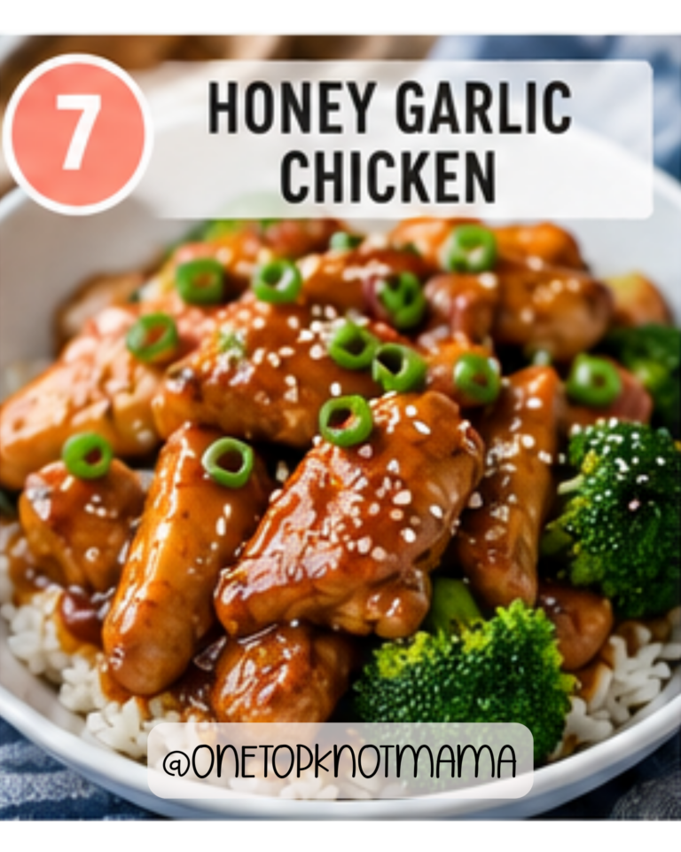 Crockpot honey garlic chicken served over rice with broccoli and carrots for an easy weeknight dinner.