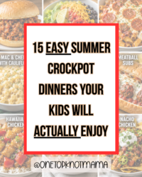 Title card: '15 Easy Summer Crockpot Dinners Your Kids Will Actually Enjoy' over a collage of food items behind it