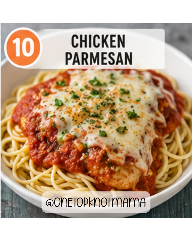 Crockpot chicken parmesan topped with melted mozzarella cheese and marinara sauce served over spaghetti.