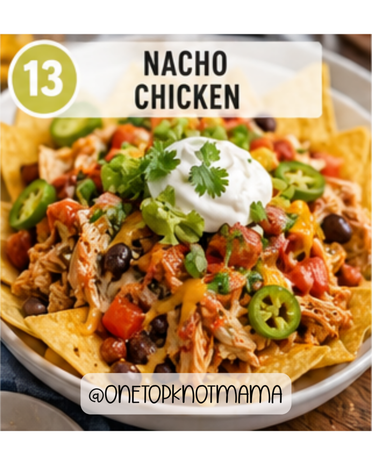 Crockpot nacho chicken topped with cheese, sour cream, jalapeños, tomatoes, and cilantro over tortilla chips.